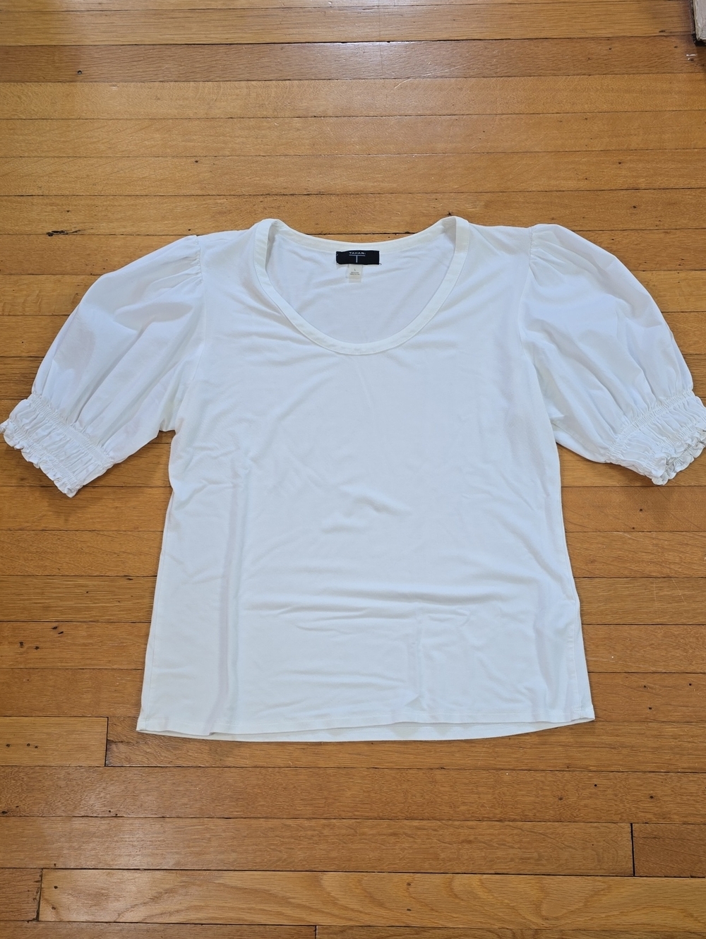 Tahari, Puff Sleeve Scoop Neck Top, White, EUC, Women's L